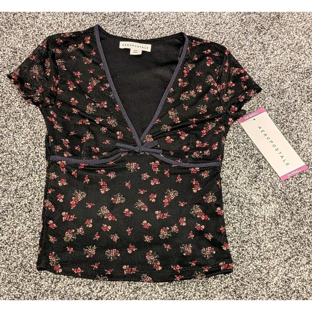 Aeropostale Snug Fit Top Size 2XS Black Mesh Floral NWT